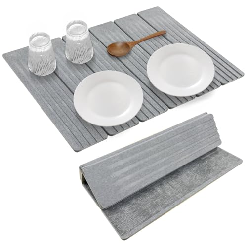 Large Stone Dish Drying Mat for Kitchen Counter, 23" × 15" Quick Dry Stone Mat, Collapsible Fast Absorbing Diatomaceous Earth Non-Slip Dish Drying Pad for Dishes & Cups (Medium Gray, 23" × 15") - color: Medium Gray