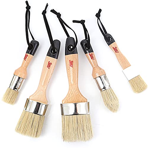 Chalk Paint Brushes for Furniture 5-Piece Set, Natural Bristle Round & Oval - 3 Small & 2 Large Wax Brushes (2-2.5"), Compatible with All Chalk Paints, Annie Sloan, Painting, Stenciling, Waxing.