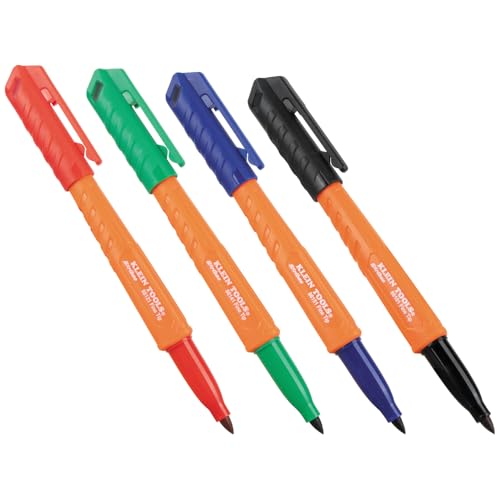KLEIN TOOLS 861914 Skribes Fine Tip Permanent Markers, Assorted Colors, Hard Hat Clip, Multi-Surface Jobsite Marker for Wet, Dry and Oily Surfaces, 4-Pack - style: 4-Pack Multi-Color