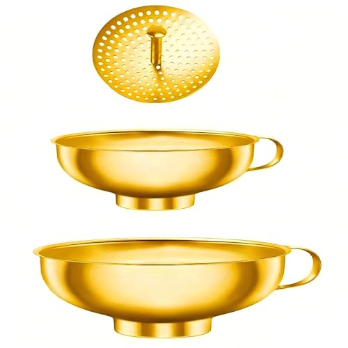 Canning Funnel with Strainer, Wide Mouth Funnels for Filling Wide and Regular Mason Jars Three-piece Set, Food Grade Stainless Steel Canning Supplies for Kitchen Use (Golden) - color: golden