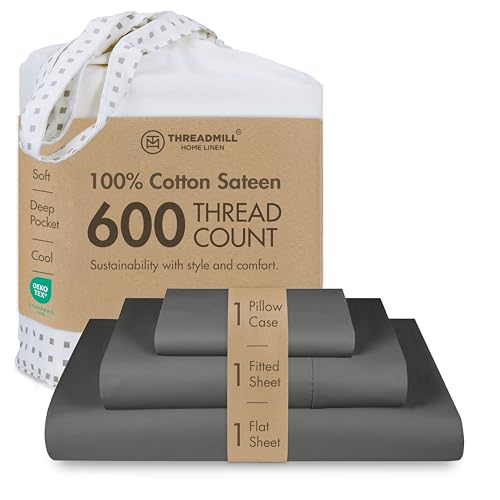 Hotel Quality Luxury 600 Thread Count 100% Cotton Twin Size Sheets, 3 Pc Sateen Weave Dark Grey Sheet Set, Premium Soft Sheets with Elasticized Deep Pocket by Threadmill - color: Dark Grey Solid, size: Twin