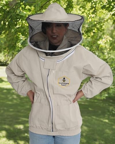 Beekeeping Jacket with Round Veil and Gloves, Natural Canvas Bee Jacket with Durable YKK Brass Zippers for Professional & Hobby Beekeepers (2XL) - size: XX-Large