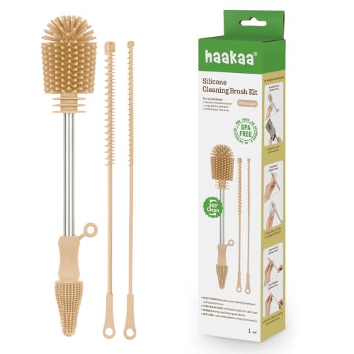 Haakaa Silicone Cleaning Brush Kit – Household Cleaning Brushes for Bottles and Crevices – Food-Grade Silicone: Dishwasher Safe (Kit-Champagne) - color: Kit-champagne