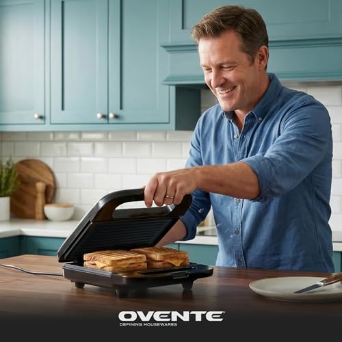 OVENTE Electric Panini Press Grill with Nonstick Plates, LED Indicator Lights, Thermostat Control, Cool Touch Handle, Compact Sandwich Maker Perfect for Cooking Breakfast, Snacks & More, Black GP0401B - color: GP0401B