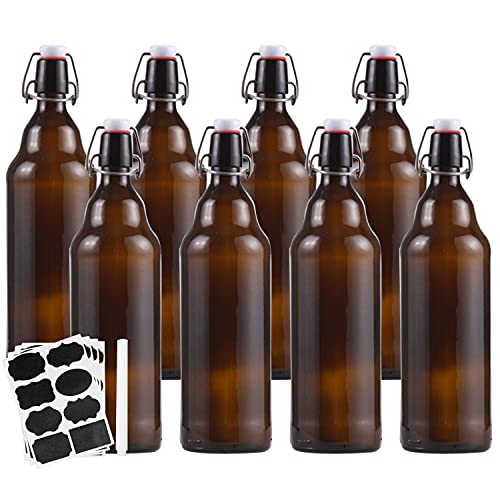 Amber Glass Bottles With Air Tight Lids 32 oz, Easy Cap for Beer and Home Brewing, Kombucha With Stoppers, Swing Top for Beverages 8 Pack