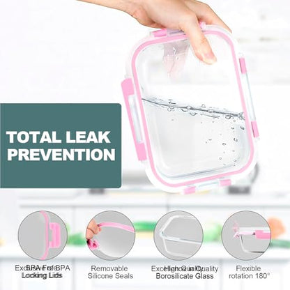 VERONES 10Pack Glass Meal Prep Containers, Airtight Glass Lunch Containers,Stackable Food Storage Containers Set with Lids,Exclusive of BPA, for Microwave,Oven, Freezer&Dishwasher Friendly,Pink - color: Pink