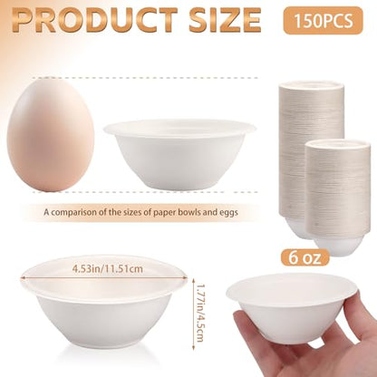 LeonBach 150 Pack 6oz Natural Bagasse Fiber Bowls, Small Disposable Paper Bowls Microwavable Safe Sample Snack Cups Charcuterie Serving Cups for Sauce Portion Condiment Ice Cream Desserts, White - color: White, style: 6oz-150 Pack