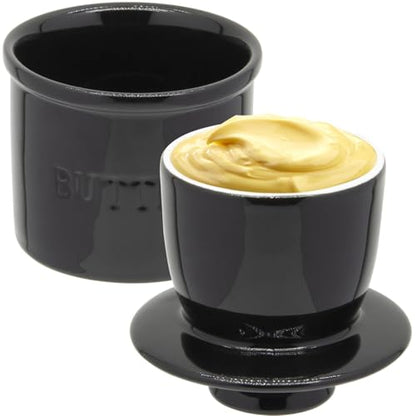 Ceramic Butter Crock, Airtight Butter Crock With Lid for Countertop, Round French Butter Keepers, Porcelain Butter Dish With Lid (Black) - size: Black