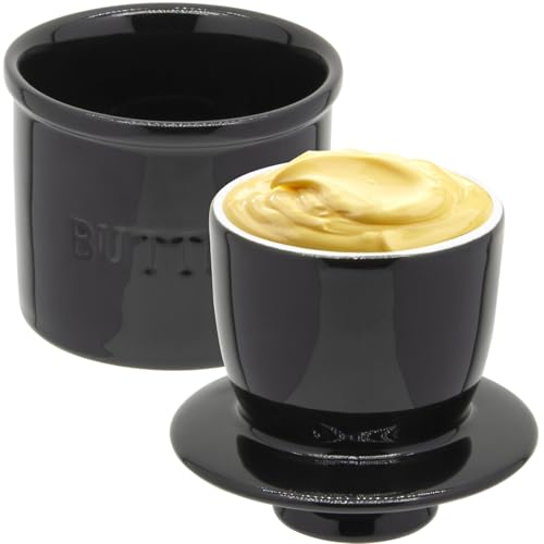 Ceramic Butter Crock, Airtight Butter Crock With Lid for Countertop, Round French Butter Keepers, Porcelain Butter Dish With Lid (Black) - size: Black