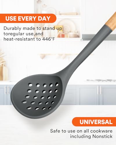 Kitchen Ladle Strainer, Large Slotted Spoon with High Heat Resistant BPA Free, Non Stick Cooking Skimmers For Draining & Frying, 13.2inch (Grey) - color: Gray