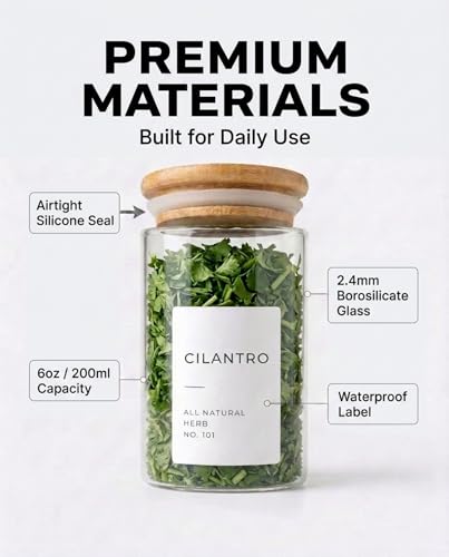 Bloomondo Glass Spice Jars with Label Pack (12x Bamboo Lid Glass Jar) Small 6oz Empty Spice Storage Bottles with 112 Printed Stickers and 48 Writable Pantry Labels for Seasoning Containers