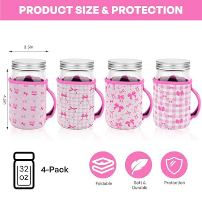 KJQJLY 4 Pcs Mason Jars Sleeves Neoprene 32oz Regular and Wide Mouth Mason Jar Sleeves Holder with Handle (Bows, 32 OZ) - color: Bows, size: 32 OZ