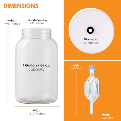 FastRack 1 Gallon Wide Mouth Glass Jar with Airtight Lid & Twin Bubble Airlock – Large Glass Jar with Lid for Fermentation, Pickling, Brewing, Canning & Storage