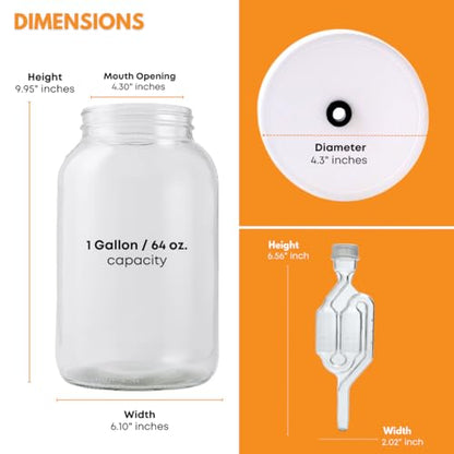 FastRack 1 Gallon Wide Mouth Glass Jar with Airtight Lid & Twin Bubble Airlock – Large Glass Jar with Lid for Fermentation, Pickling, Brewing, Canning & Storage