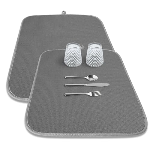 Kitsure Dish Drying Mat - 2-Pack Washable Microfiber Drying Mat for Kitchen Counter, 3-Layer Ultra Absorbent Pad with a Hanging Hook, 24" x 18", Dark Grey - color: Dark Gray, size: 24" x 18"