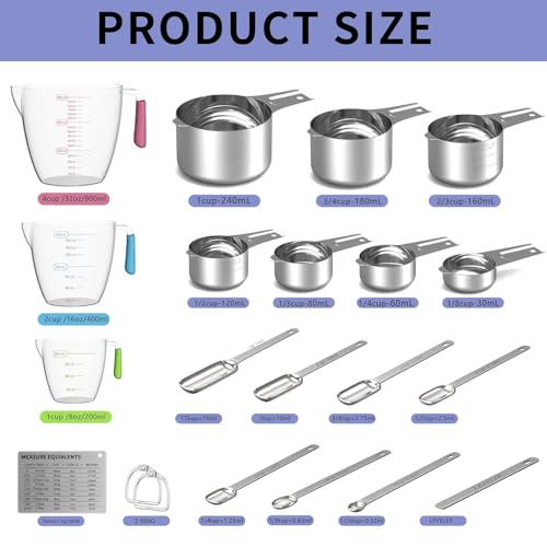 Stainless Steel Measuring Cups and Spoons Set, 6 Stainless Steel Measuring Cups, 7 Measuring Spoons & 1 Leveler, 3 Plastic Measuring Cup with 1 Measuring Conversion Chart - color: Sliver-Rectangle Measuring Spoons and Cups Set