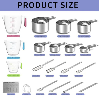 Stainless Steel Measuring Cups and Spoons Set, 6 Stainless Steel Measuring Cups, 7 Measuring Spoons & 1 Leveler, 3 Plastic Measuring Cup with 1 Measuring Conversion Chart - color: Sliver-Rectangle Measuring Spoons and Cups Set