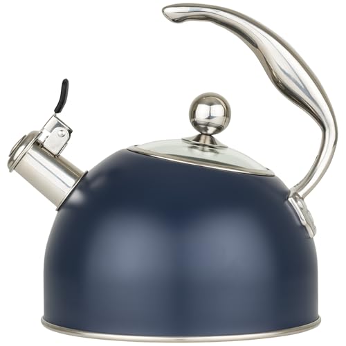 Viking 3-Ply Stainless Steel Tea Kettle, 2.6 Quart Stovetop Hot Water Pot with Tempered Glass Lid, Ergonomic Handle, Induction Ready, Slate and Blue - color: Slate Blue