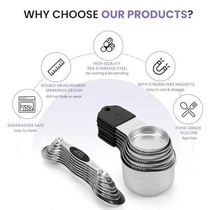 Magnetic Measuring Cups and Spoons Set-Heavy Duty 304 Stainless Steel，Double Measurement Markings，Set of 16 with Leveler for Measure Dry and Liquid Ingredients (Black) - color: Black