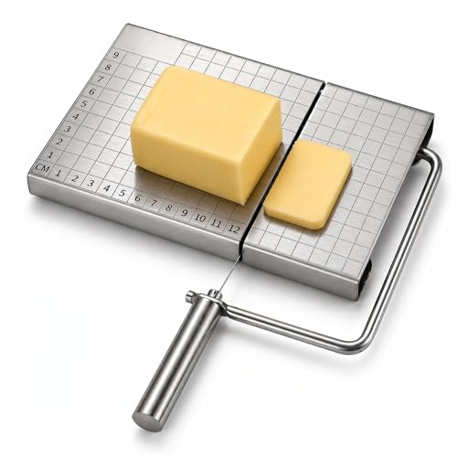 Cheese Slicer Board with Wire, Stainless Steel Cheese Cutter with Measuring Grid, Adjustable Thickness for Cheese & Butter, Includes 5 Replacement Wires