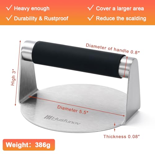 Husfunov Stainless Steel Burger Press, 5.5 Inch Round Smasher,with Anti-Scald Handle,Non-Stick Smooth Hamburger Press,Flat Bottom, for Cooking Burgers, Bacon, Ground Beef, Meats, Sausage and So On - size: 5.5inch-Heat Resistant Handle