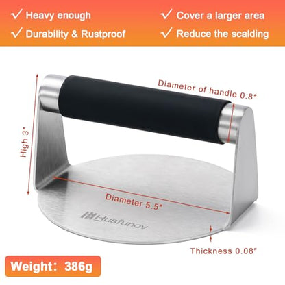 Husfunov Stainless Steel Burger Press, 5.5 Inch Round Smasher,with Anti-Scald Handle,Non-Stick Smooth Hamburger Press,Flat Bottom, for Cooking Burgers, Bacon, Ground Beef, Meats, Sausage and So On - size: 5.5inch-Heat Resistant Handle