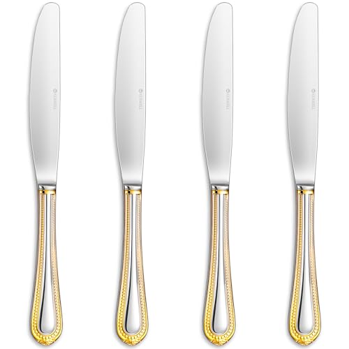 KEAWELL Pearl Edge 4-Piece Premium Dinner Knives: Stainless Steel Table Knives with a Refined Bead Design, Brightly Polished, 9.6 Inches, Dishwasher Safe. (Gold Accent) - color: Gold Accent