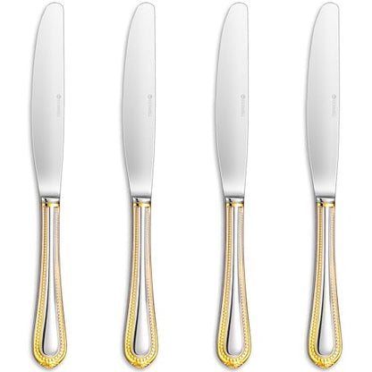 KEAWELL Pearl Edge 4-Piece Premium Dinner Knives: Stainless Steel Table Knives with a Refined Bead Design, Brightly Polished, 9.6 Inches, Dishwasher Safe. (Gold Accent) - color: Gold Accent