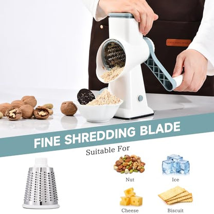 Rotary Cheese Grater with Handle Kitchen Shredder Slicer Grater Slicer Ice Shaver Cheese Vegetable Nuts Potato Zucchini Chocolate 3 Interchangeable Blades (WhiteBlue) - color: WhiteBlue