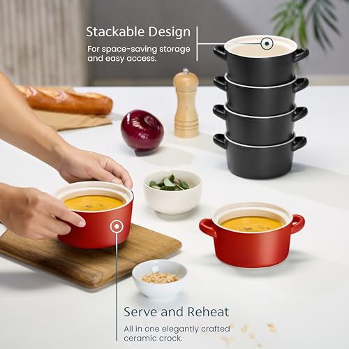 Kook Soup Crocks, Ceramic Stackable Bowls, Broil, Oven, Microwave and Dishwasher Safe, with Handles, For Casserole, Pasta, Cereal, Capacity 18 oz, Set of 4, (Matte Red) - color: Matte Red