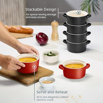 Kook Soup Crocks, Ceramic Stackable Bowls, Broil, Oven, Microwave and Dishwasher Safe, with Handles, For Casserole, Pasta, Cereal, Capacity 18 oz, Set of 4, (Matte Red) - color: Matte Red