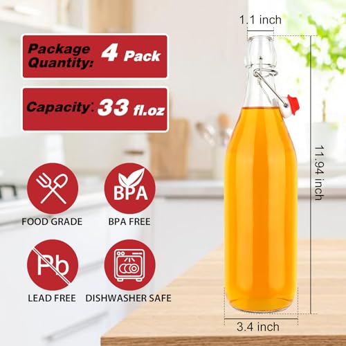 1 Liter Swing Top Glass Bottles, 4 Pack 33 oz Flip Top Bottles with Airtight Stopper for Home Brewing, Kombucha, Beer, Kefir, Beverages