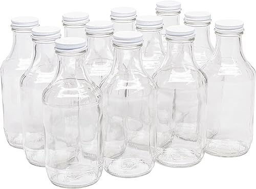 North Mountain Supply 16 Ounce Glass Sauce Bottle - with 38mm White Metal Lids - Case of 12