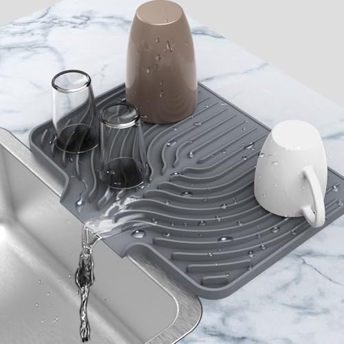 Kitchen Counter Dish Drying Mat, 14.6"x11" Dish Drying Rack(gray) | Various Sizes & Colors,Steep-Slope Built in Drain,High-fin Ventilation,Food-grade Silicone,500F heat resistant,for Flat sinks - color: Gray, style: 14.6×11inch
