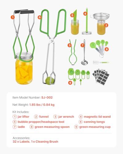 VEVOR Canning Supplies Starter Kit, 9 Pieces Stainless Steel Water Bath Canning Kit for Beginners, Canning Tools Set: Ladle, Measuring Spoon & Cup, Funnel, Tongs, Jar Lifter, Jar Wrench - size: 9PCS
