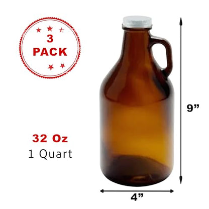 Planterium 32 oz Amber Glass Growler with Lid | 3 Pack | Perfect for Homebrewing, Kambucha, Cold Brew and Storage of Other Liquids