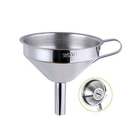 Stainless Steel Wide Mouth Funnels with Detachable Strainer, 5-inch Funnel for Filling Small Bottles and Jars, Cooking Oil and Transmission Liquid and Powder, Food Grade Metal Kitchen Funnels Silver - color: Silver