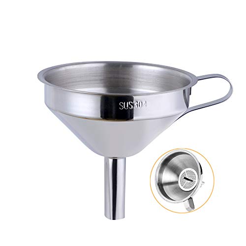 Stainless Steel Wide Mouth Funnels with Detachable Strainer, 5-inch Funnel for Filling Small Bottles and Jars, Cooking Oil and Transmission Liquid and Powder, Food Grade Metal Kitchen Funnels Silver - color: Silver