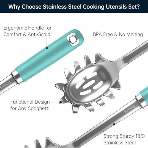 Safring Stainless Steel Soup Ladle and Spaghetti Spoon Set, Heat Resistant Rubber Handle, Dishwasher Safe, Kitchen Utensils for Cooking, Stirring, Serving Pasta, Soup & Sauce (Aqua Sky) - color: Aqua Sky
