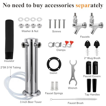 Dual Beer Tower Dispenser - Double Tap Kegerator Tower Draft Beer Tower Dispenser Pre-installed 5ft Beer Line Stainless Steel Core Faucet Double Keg Tap Beer Tower for 3" Kegerator Tower - size: Dual Tap Beer Tower