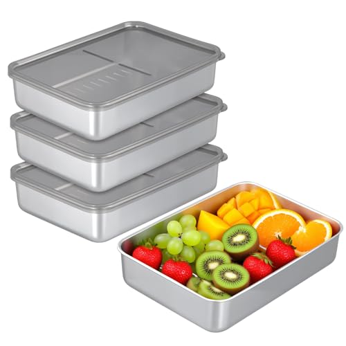 SINJEUN 4 PCS Stainless Steel Cheese Container, Deli Meat Storage Containers with Lid for Fridge Organizers and Storage
