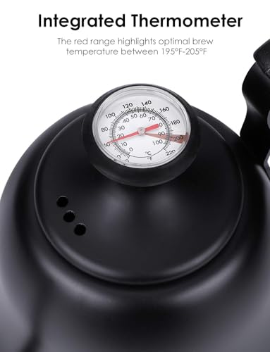 Tea Kettle with Thermometer, Gooseneck Pour Over, 28oz, Matte Black | Food Grade Stainless Steel, Precise Gooseneck Spout, 0.8L, Camping Home Kitchen, Induction & Gas Applicable, 1Pack - style: Matte Black（with Thermometer）