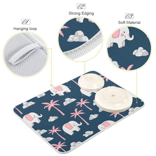 Elephant Coconut Tree Dish Drying Mat for Kitchen Counter Super Absorbent Draining Mat with Non-slip Backed Dish Drying Pad for Dish Bottles Cups Bowl Draining Racks Countertops Sinks
