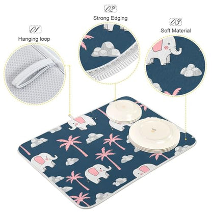 Elephant Coconut Tree Dish Drying Mat for Kitchen Counter Super Absorbent Draining Mat with Non-slip Backed Dish Drying Pad for Dish Bottles Cups Bowl Draining Racks Countertops Sinks