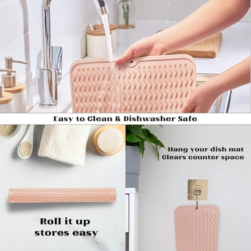 ZLR Silicone Dish Drying Mat for Kitchen Counter (12" x 16" / 307 x 405mm) - Large Fast-Dry Drainer Mat with Raised Wavy Ridges & 5mm Lip - Non-Slip, Heat Resistant 450°F, BPA-Free (Peach Pink) - color: Peach Pink, size: 16" x 12"