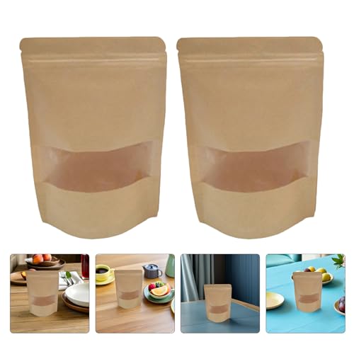 50pcs Kraft Paper Food Storage Bags with Window, Stand-up Resealable Pouches for Cheese and Candy, Reusable Kraft Sealable Pouches for Travel and Pantry Organization