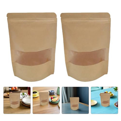 50pcs Kraft Paper Food Storage Bags with Window, Stand-up Resealable Pouches for Cheese and Candy, Reusable Kraft Sealable Pouches for Travel and Pantry Organization