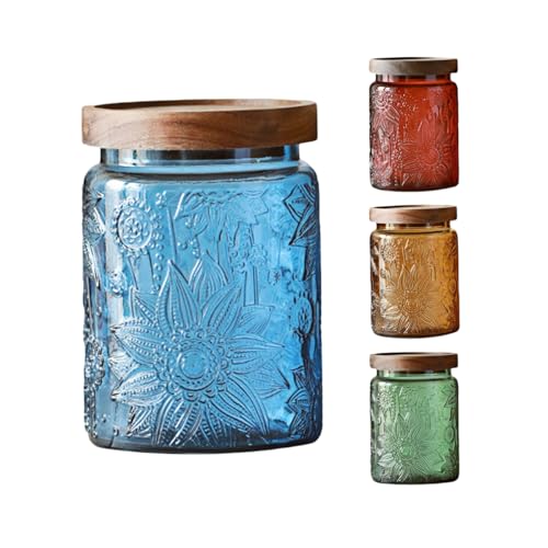 ANSQU Set of 4 Vintage Glass Storage Jars, 23.7oz Glass Coffee Canisters Decoraitve Mason Jars Sugar Containers with Airtight Wooden Lids for Kitchen Pantry, Cookie Jars (Sunflower) - color: 4 color, size: 23.7 Ounces