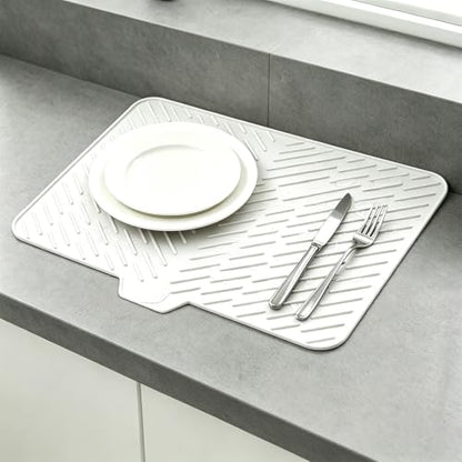 Silicone Dish Drying Mat for Kitchen Counter,23"X17" With Built-in Drain Lip,Food-Grade Silicone,Heat-Resistant Eco-friendly Hygienic Drying Mat Leak-Proof and Non-Slip,Multi-Functional Use（White） - color: White, size: 23" x 17"