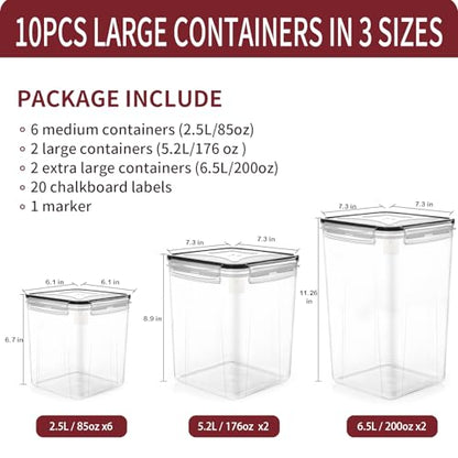PRAKI 10 PCS Flour Sugar Storage Containers for Organizers and Storage | BPA Free, Airtight Food Storage Containers with Lids for Sugar, Flour, Baking Supplies, Versatile Kitchen Containers, Black